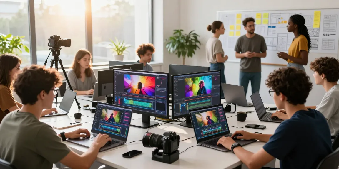 Best video editing course for beginners, participants engaging in a creative workshop with vibrant editing software and collaborative atmosphere.