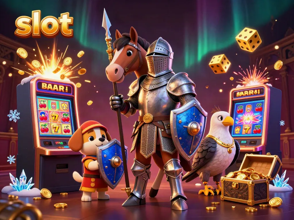 Engaging illustration of slot machines with knights, depicting a lively casino atmosphere.