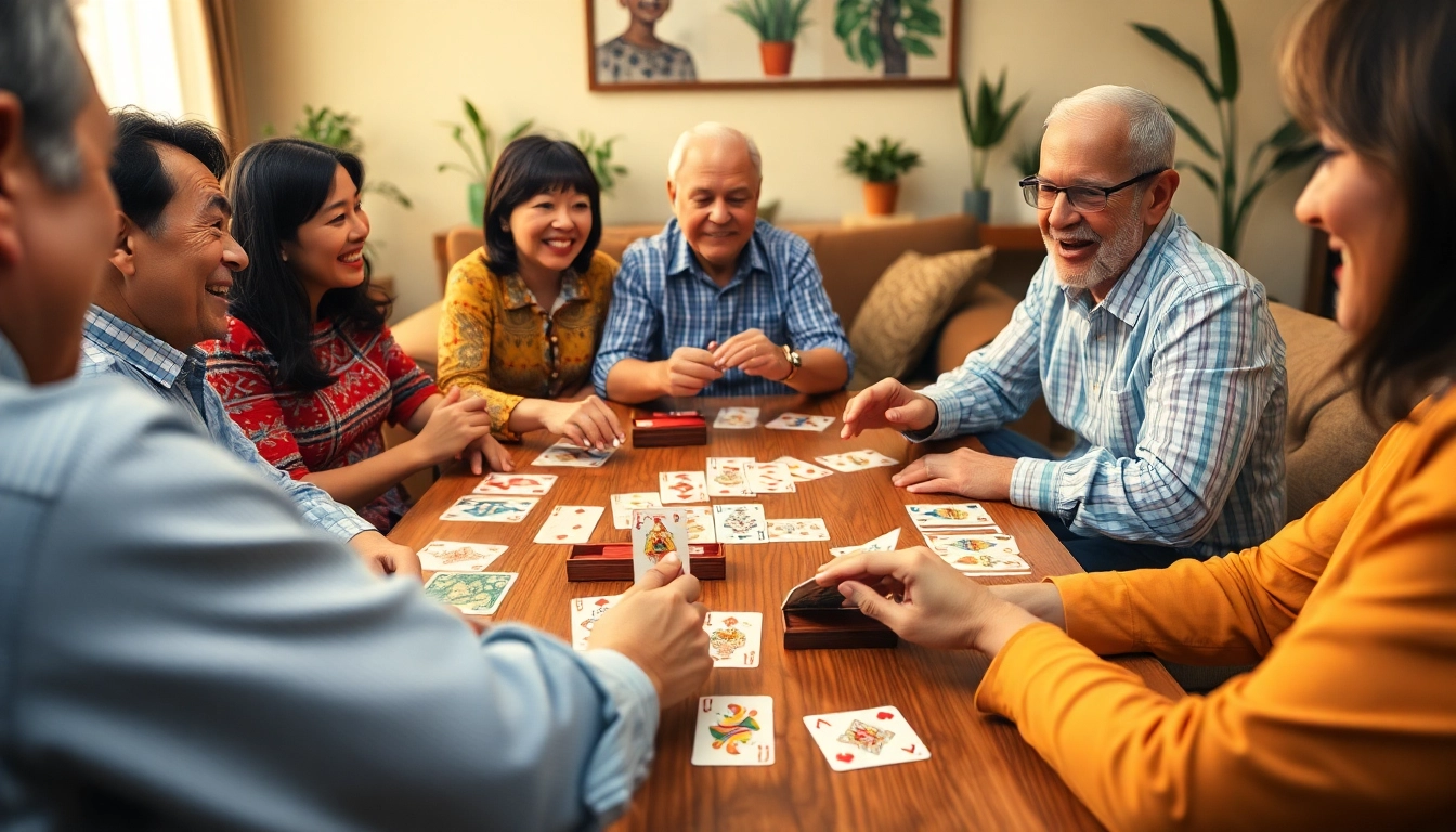 Players enjoying yono rummy in a cozy living room setting, featuring colorful cards and an inviting atmosphere.