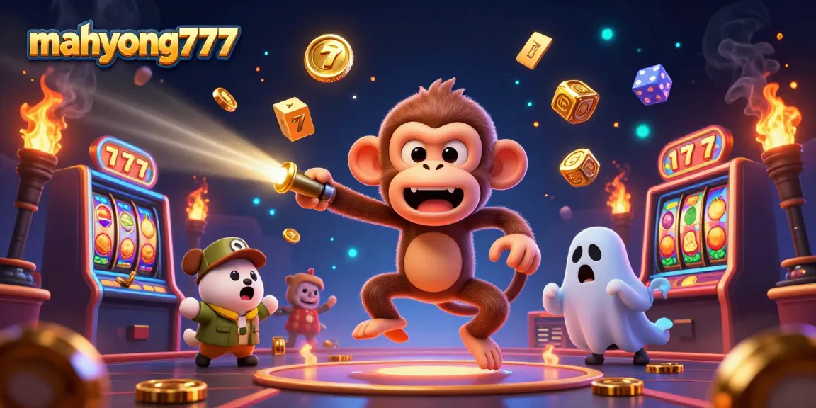 Experience thrilling gameplay with mahyong777, featuring poltergeist monkey juggling golden casino elements in an exciting scene.