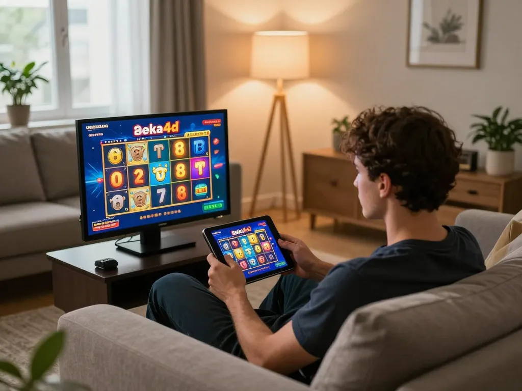 Pemain bermain slot aneka4d di tablet di rumah, suasana nyaman dengan visual permainan yang cerah