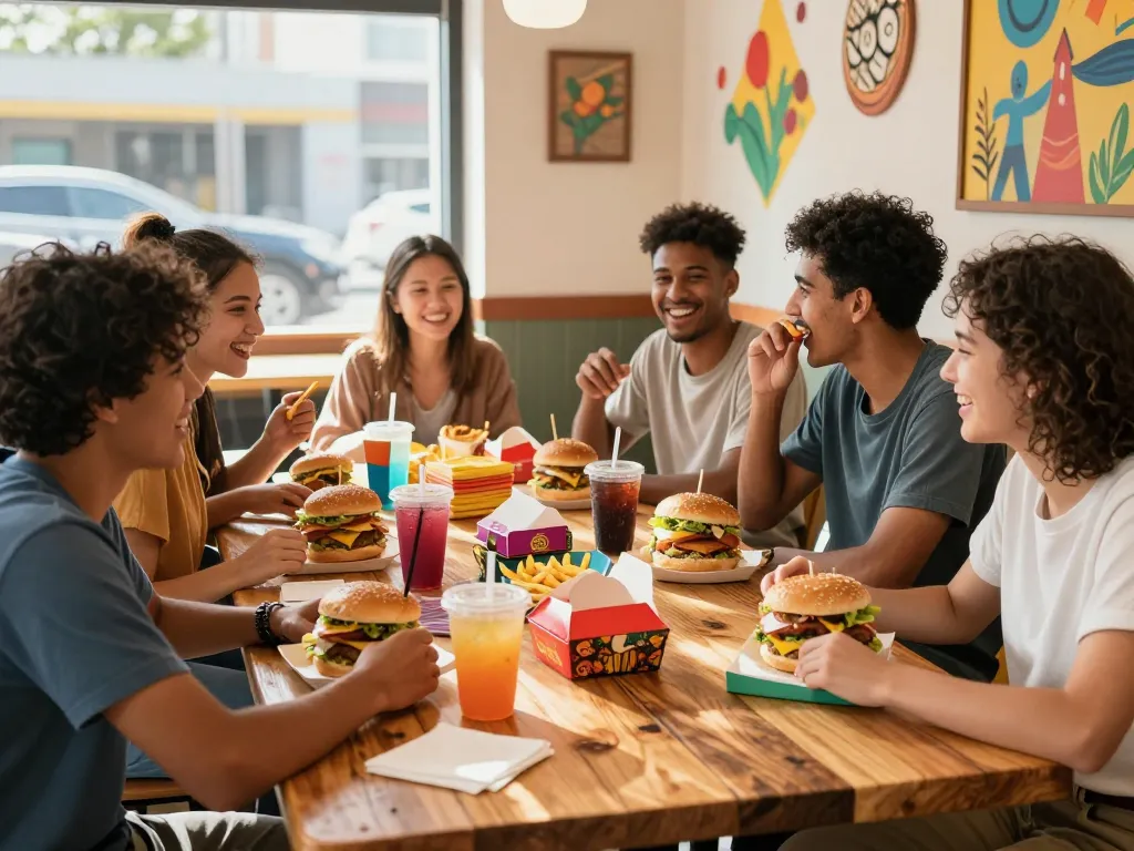 Friends enjoying a lively fast food menu feast with burgers and fries in a vibrant restaurant.