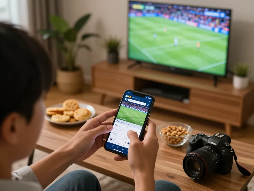 Placing bets on the BK8 app during a live sports match in a cozy living room