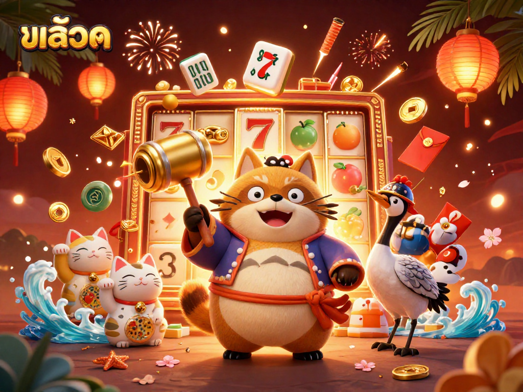 Engage in exciting สล็อต gameplay with a vibrant illustration featuring cheerful tanuki and maneki-neko surrounded by slot symbols.
