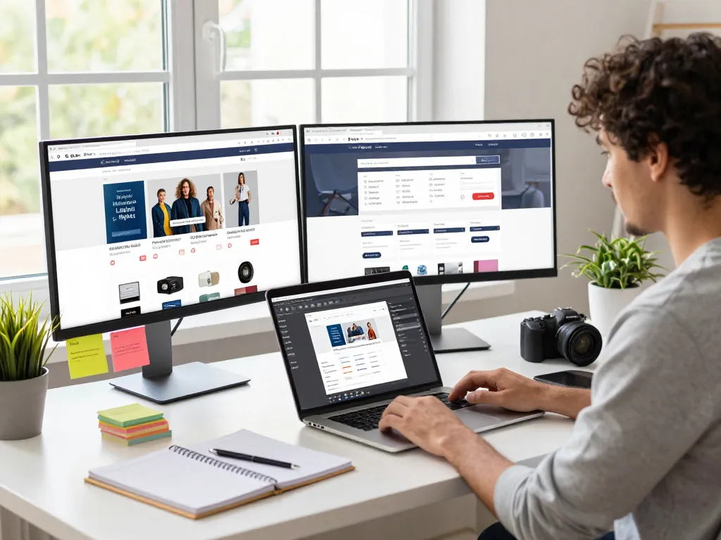 Buy Private Label Rights Products through an engaging e-commerce workspace with multiple screens and vibrant decor.