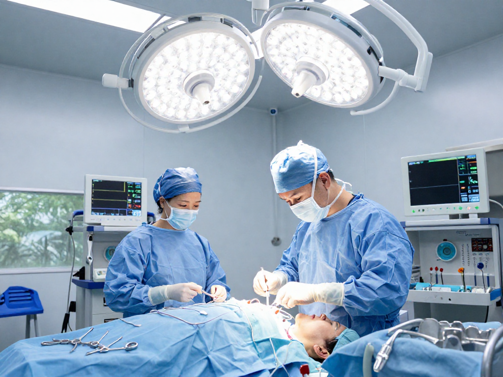 Dar kanal ameliyatı being performed by a skilled surgeon in a sterile operating room with vital signs monitoring, portraying professionalism and care