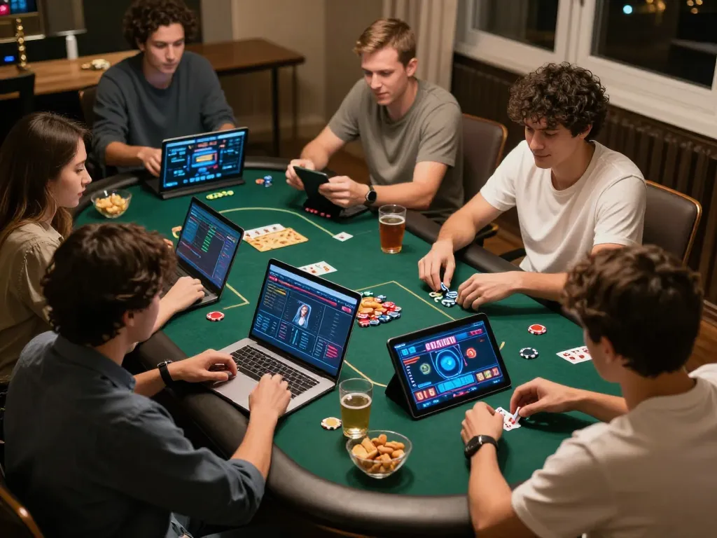 Friends enjoying online poker with the rr88 gaming platform in a cozy home setting.