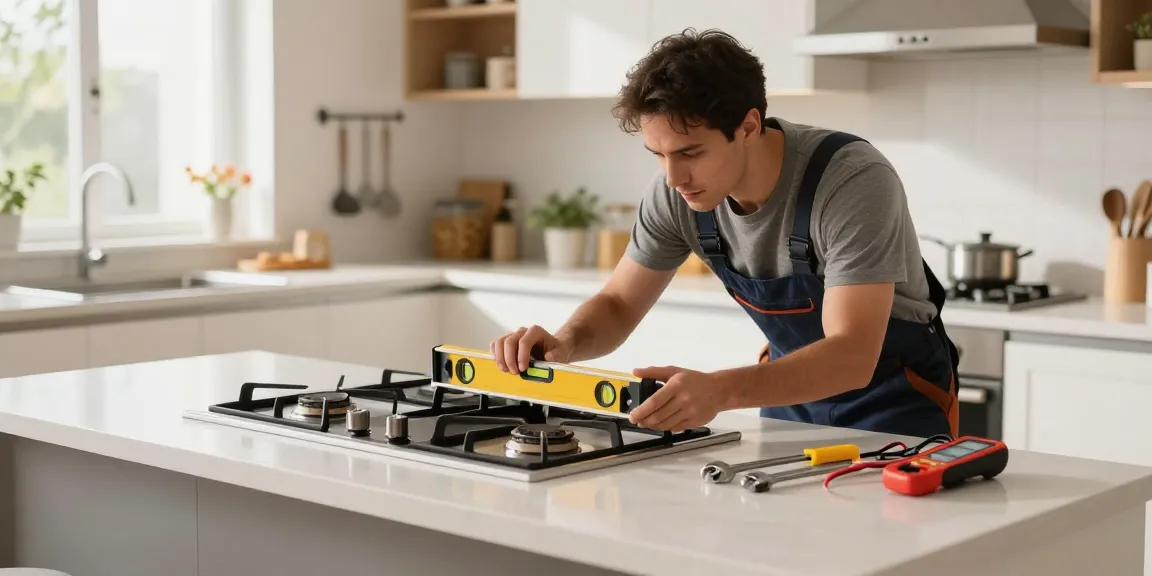 Expert range & cooktop installation in a modern kitchen with technician aligning the appliance.