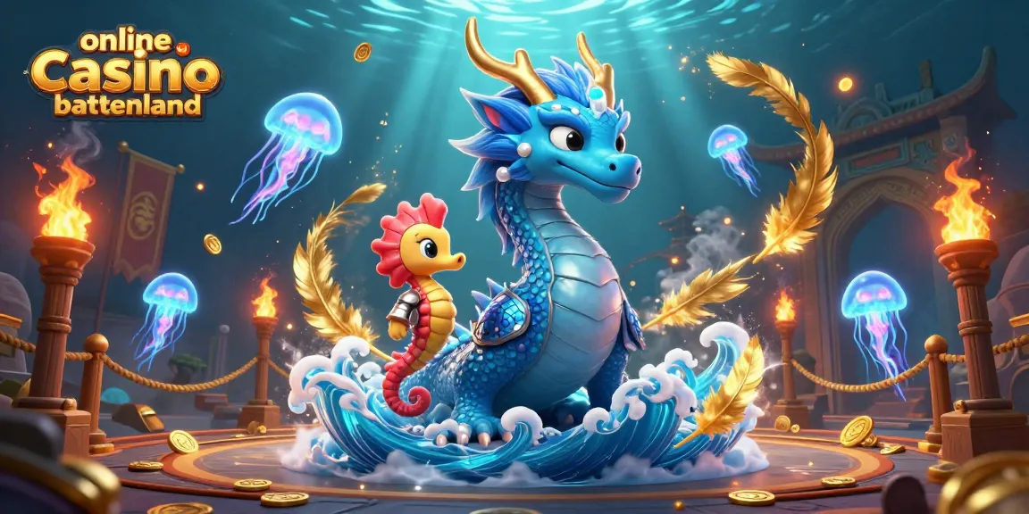 Experience the thrill of online casino buitenland with vibrant dragon and seahorse characters amidst dazzling casino elements.