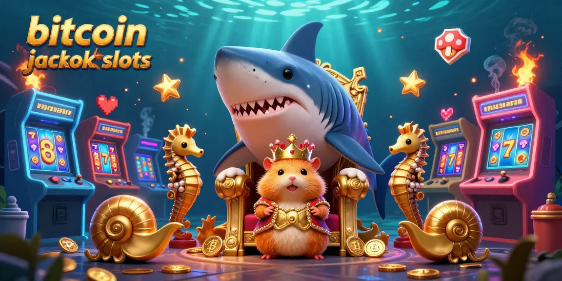 Engage with bitcoin jackpot slots featuring a tiny golden hamster king on a massive megalodon throne amidst vibrant casino elements.