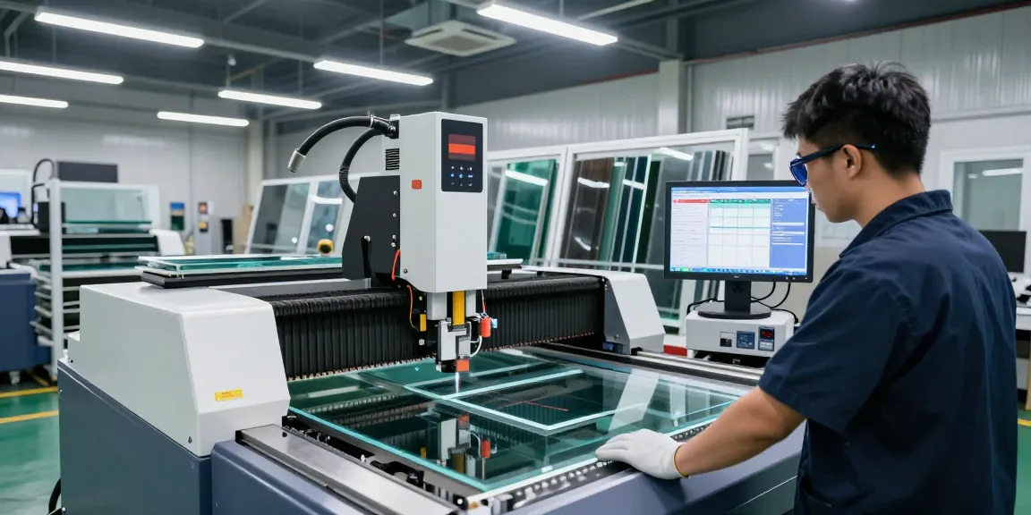 Technician using a glass cutting machine CNC in a modern workspace with real-time data display, ensuring precision in glass processing.
