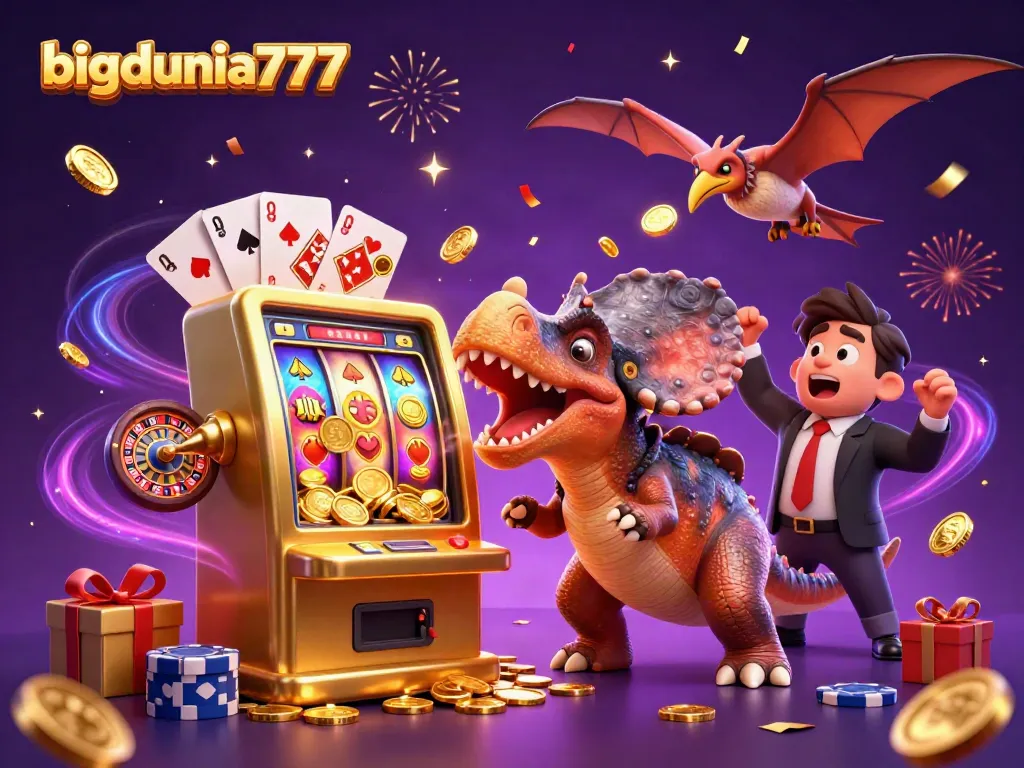 bigdunia777 showcases a fun scene with a dinosaur winning jackpots and coins flying around