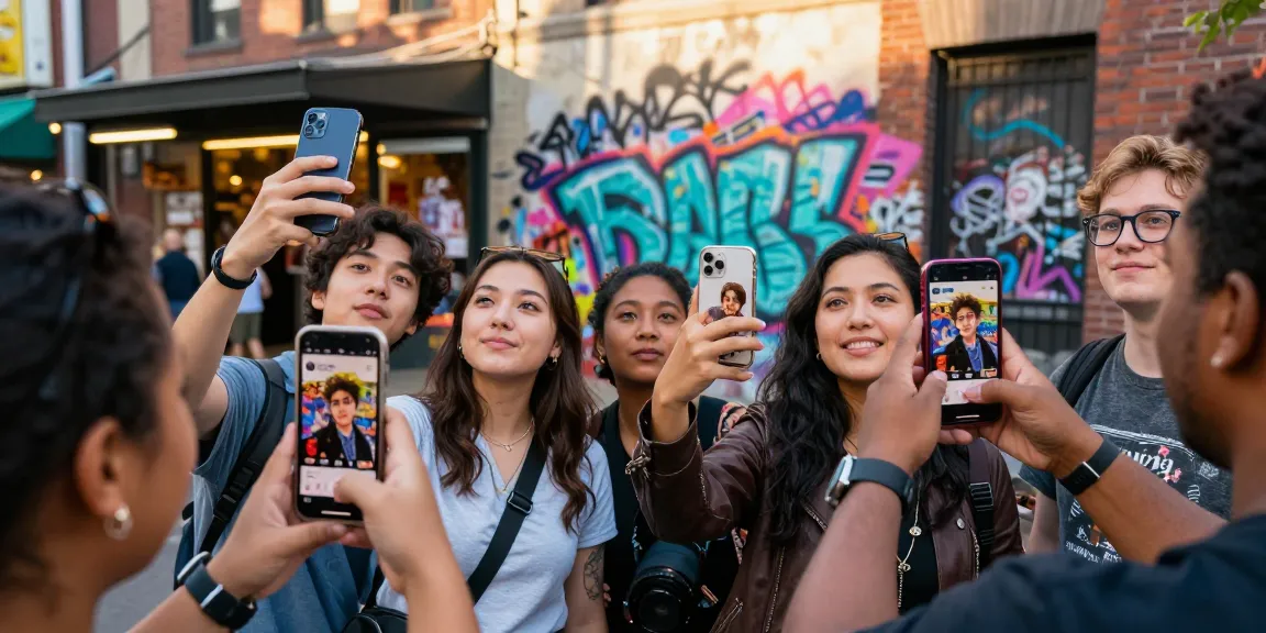 People discovering which celebrities look alike them using a mobile app in an urban setting.