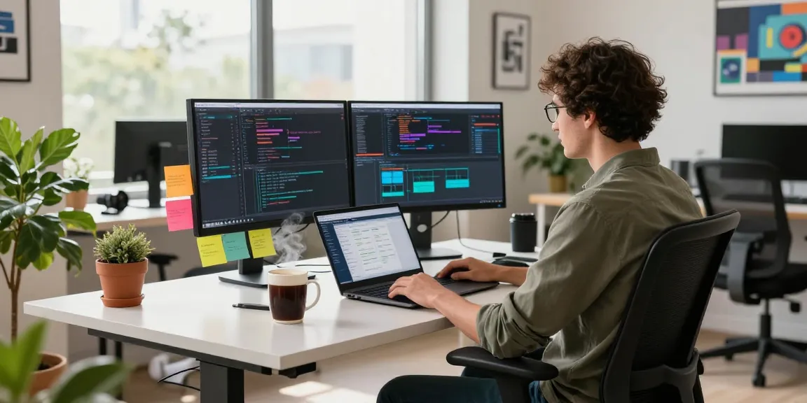 Software developer coding at a modern desk setup showcasing telegraimin.com's tech innovations.