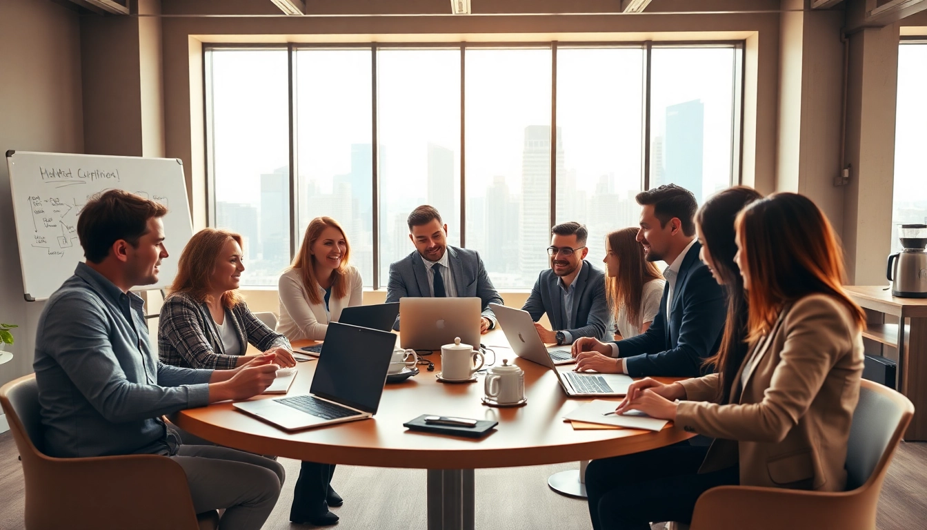 Interaktives Meeting bei https://alvionz.de/ mit vielfältigem Team in modernem Büro.