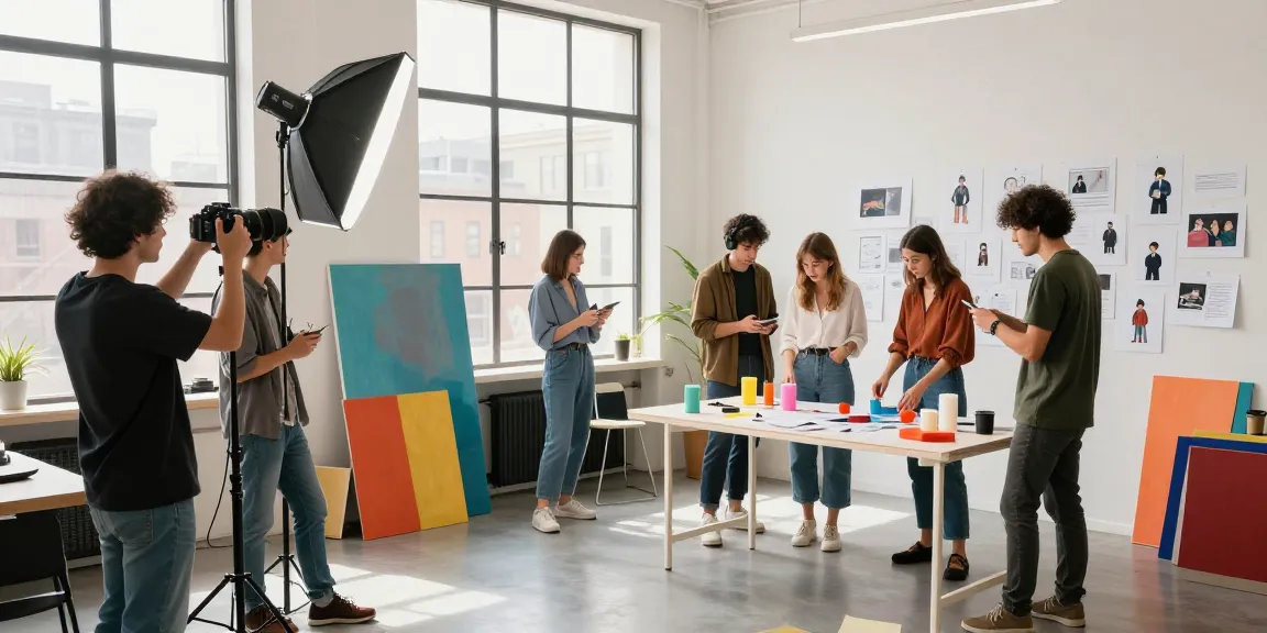 Fotografo pubblicitario Milano in studio fotografico con team creativo al lavoro per campagna di marketing.