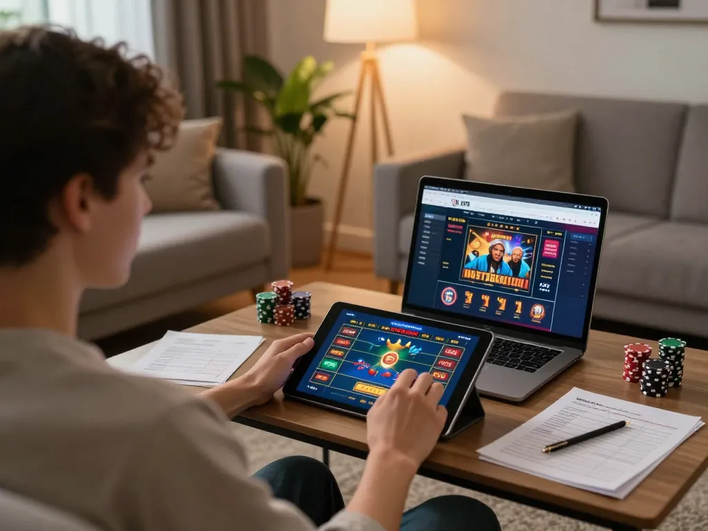 Engaging with dagelan4d login on a tablet in a cozy home setting, showcasing responsible online gambling.