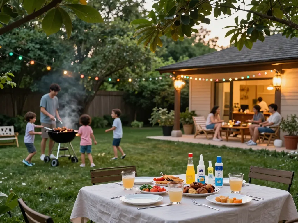 Best Mosquito Repellent for outdoor gatherings, family BBQ scene with repellent products displayed, warm summer atmosphere.