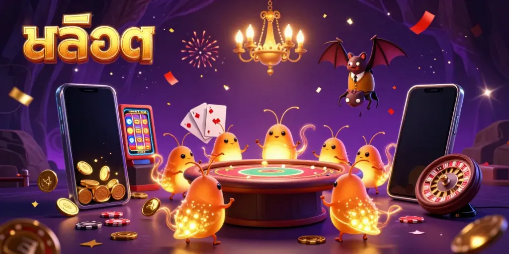Experience the excitement of สล็อต games with a vibrant casino scene lit by glowworms, featuring dynamic elements like golden coins and playing cards.
