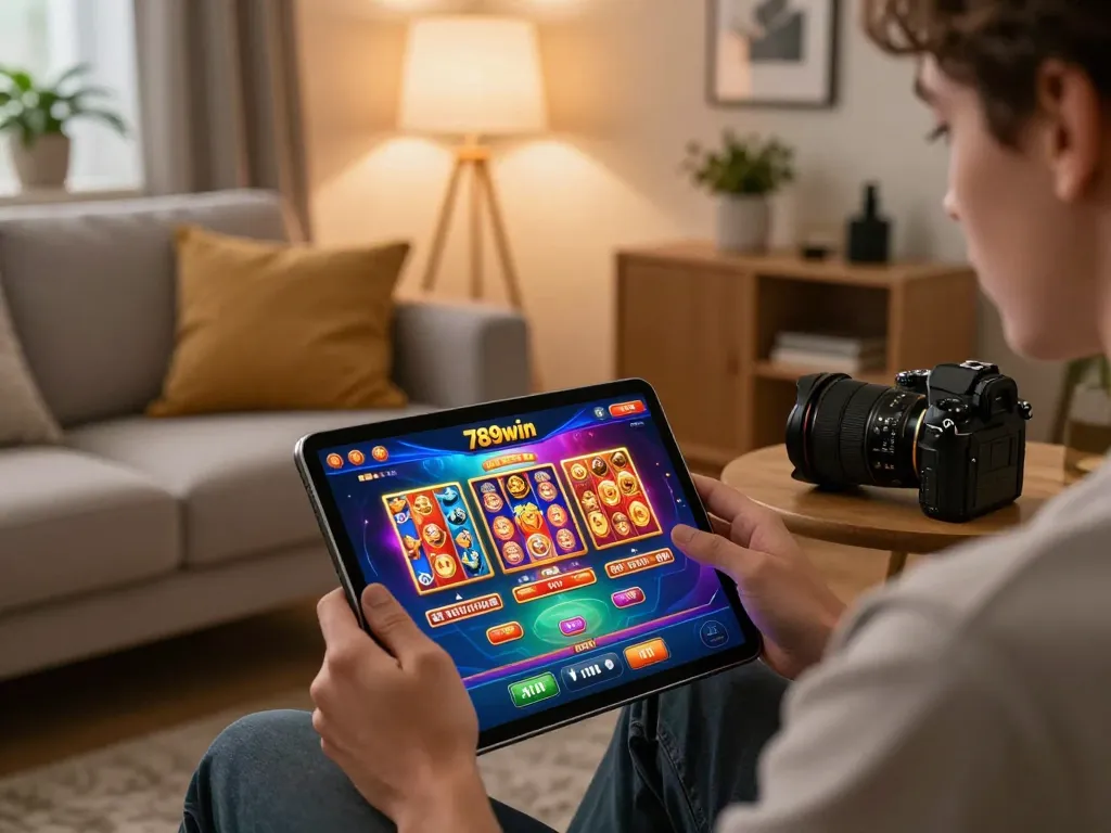 Engaging with the 789win online casino on tablet in a cozy setting, showcasing exciting gameplay.
