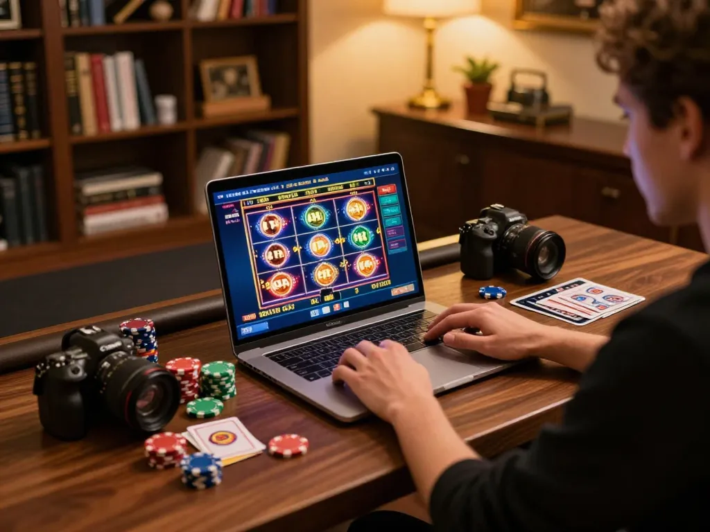 Player engaging in online gambling with abc8go on laptop, vibrant slots interface displayed, strategic gaming notes present.