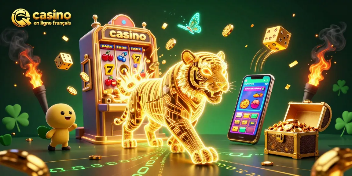 Plongez dans l'univers du casino en ligne français avec un tigre d'énergie lumineuse et des machines à sous éclatantes.