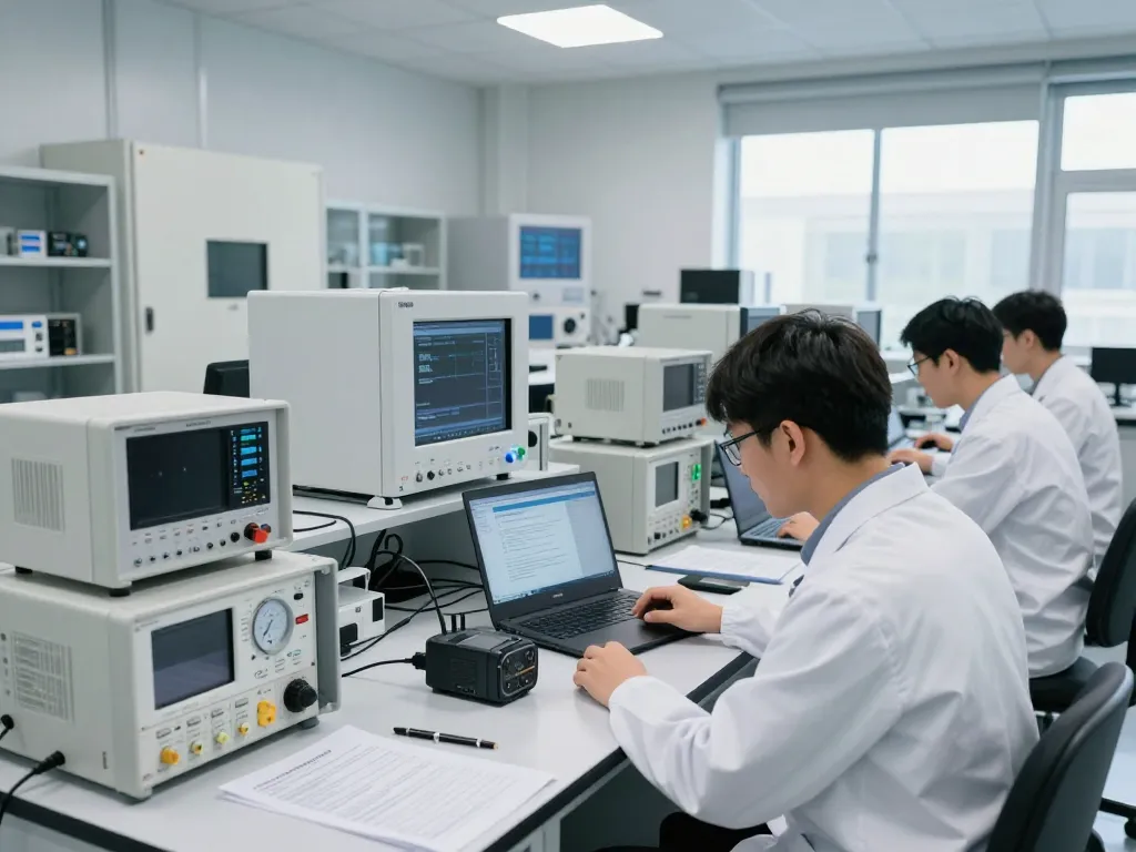 Engineers collaborating on EMC compliance tests for global market access in a high-tech lab.