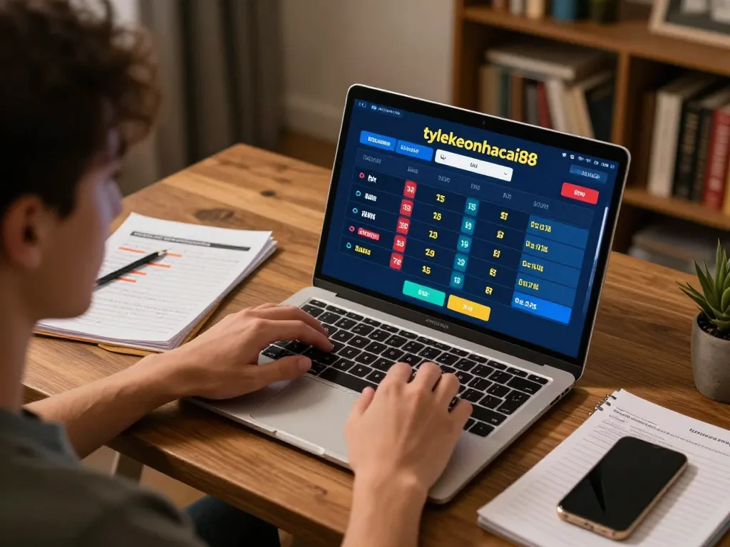 Person analyzing sports betting odds on tylekeonhacai88 platform in a cozy study environment
