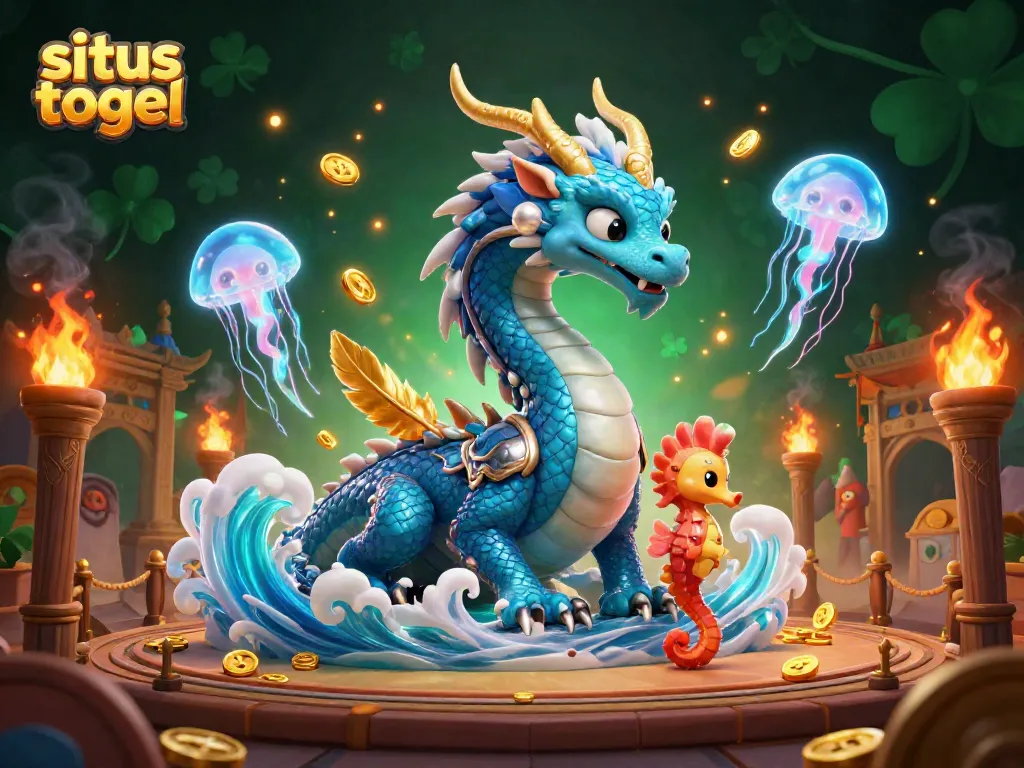 Engage with situs togel featuring a vibrant 3D illustration of a dragon, seahorse knight, and jellyfish in a casino setting.