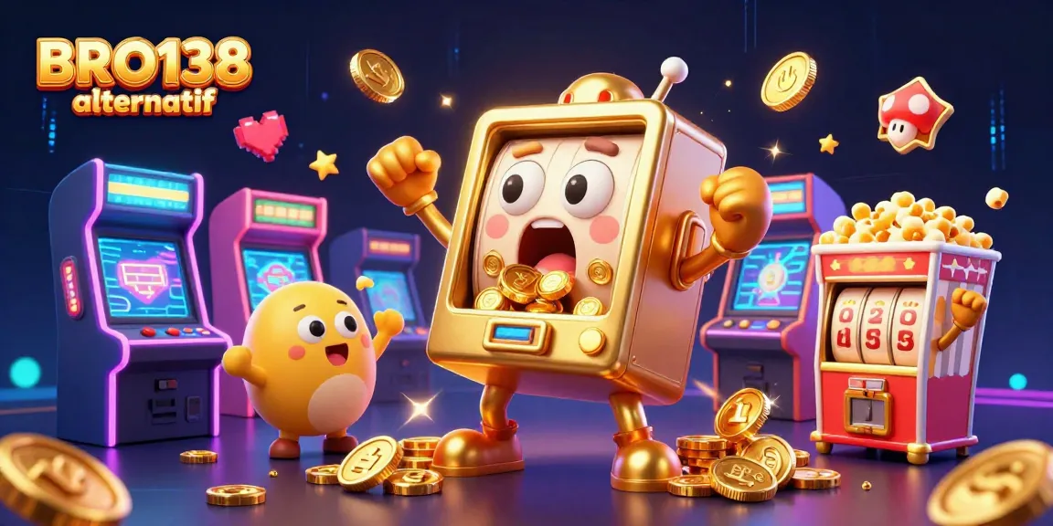 Engaging illustration showing BRO138 alternatif as a vibrant slot machine scene filled with golden coins and cheering slot machines.