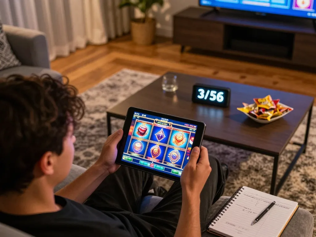 Playing engaging slots not on gamstop on a tablet in a cozy home setting, showcasing responsible gaming.