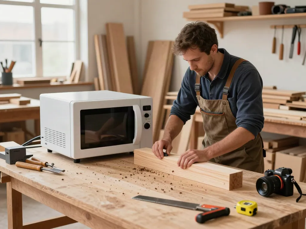 SHASHEL® microwave equipment eliminating wood-boring insects in a bright professional woodworking shop.