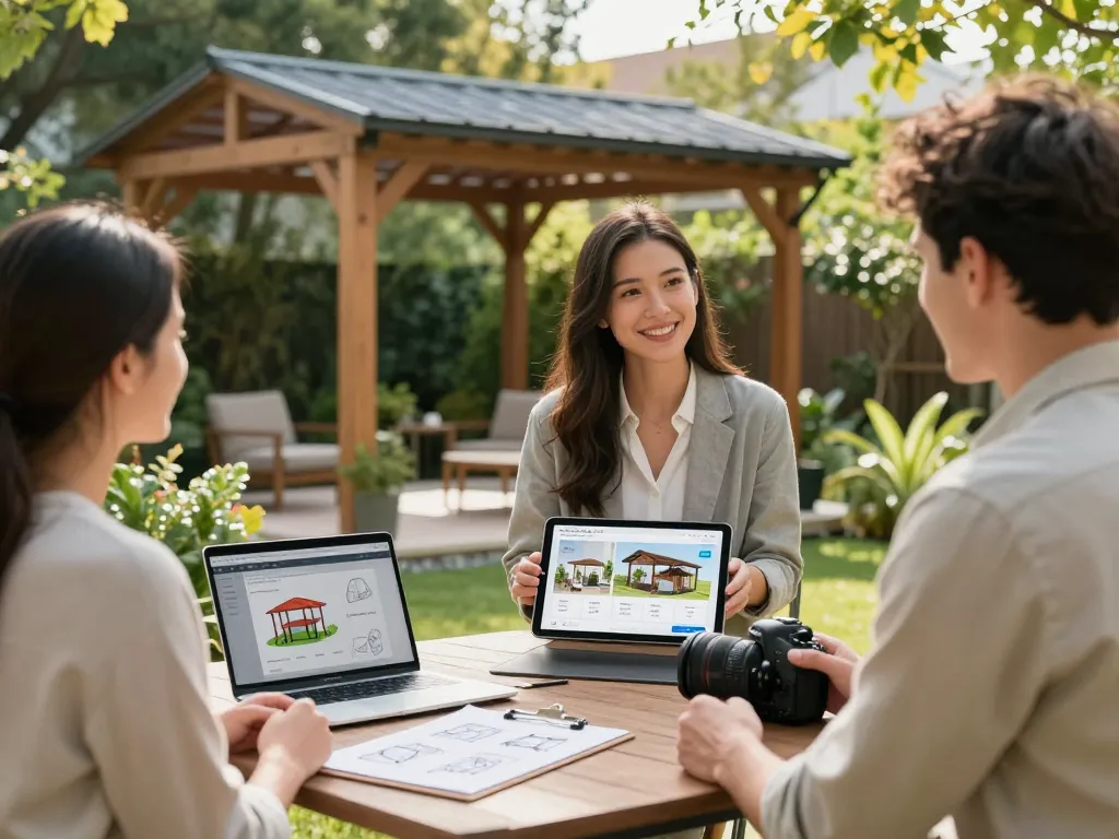 Engaged couple viewing 3D pergola sales software on a tablet while discussing outdoor design options in a lush garden setting.