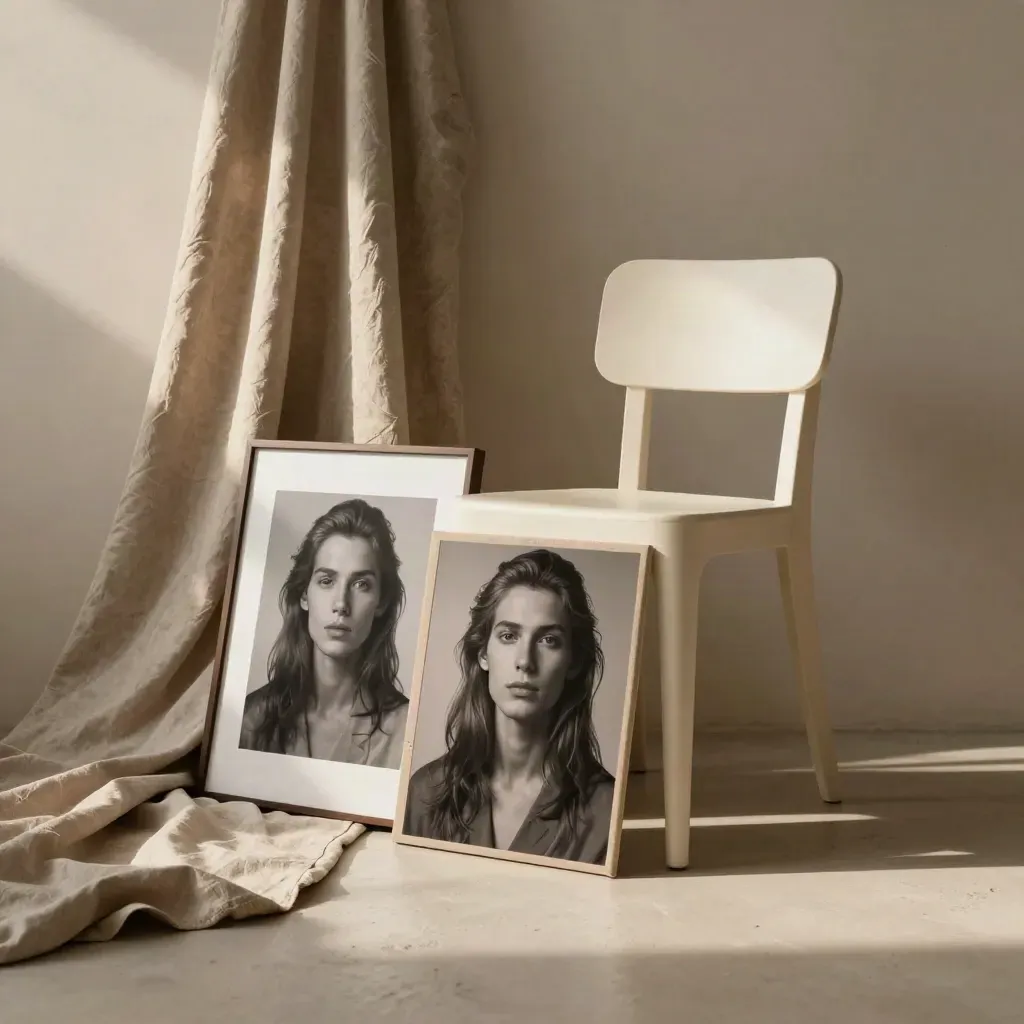Portrait session setup with chair, framed print, fabric backdrop, and print package in warm light