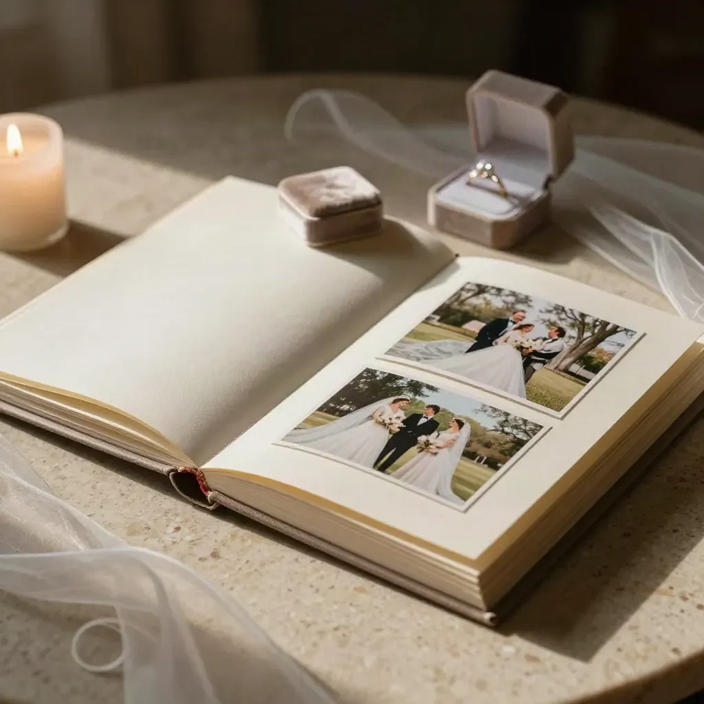 Opened wedding album with ring box, veil and keepsake prints on travertine in warm editorial light.