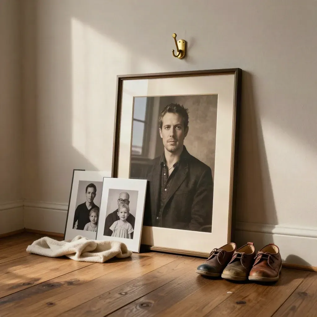 Framed family prints, wool throw, and children's shoes in a warm hallway nook.
