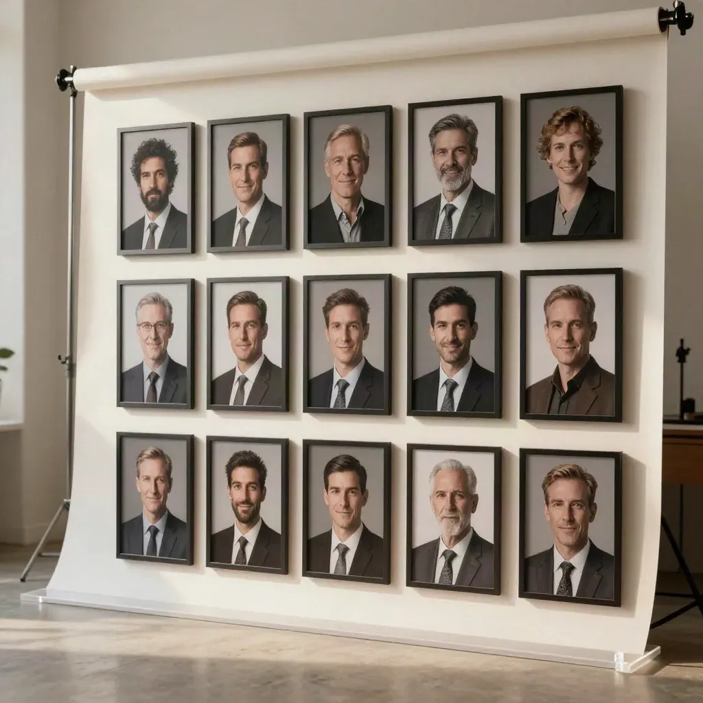 Framed corporate headshot prints, backdrop roll, and acrylic stand in a polished studio corner.