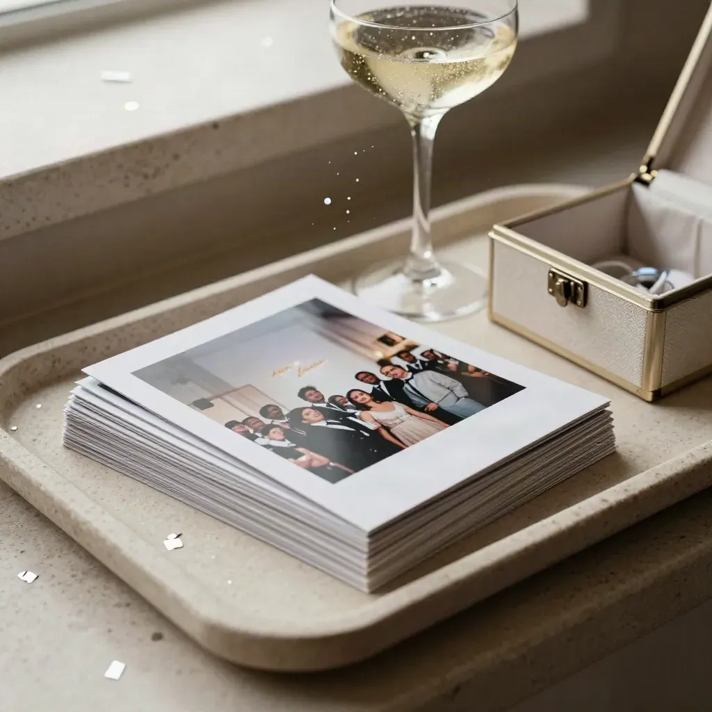 Event recap photo prints, champagne coupe, confetti and keepsake box on a stone tray.