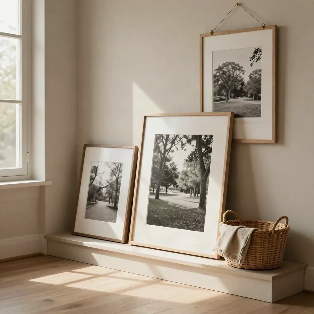 Entryway nook with framed park portrait prints, basket, folded blanket, and morning window light.