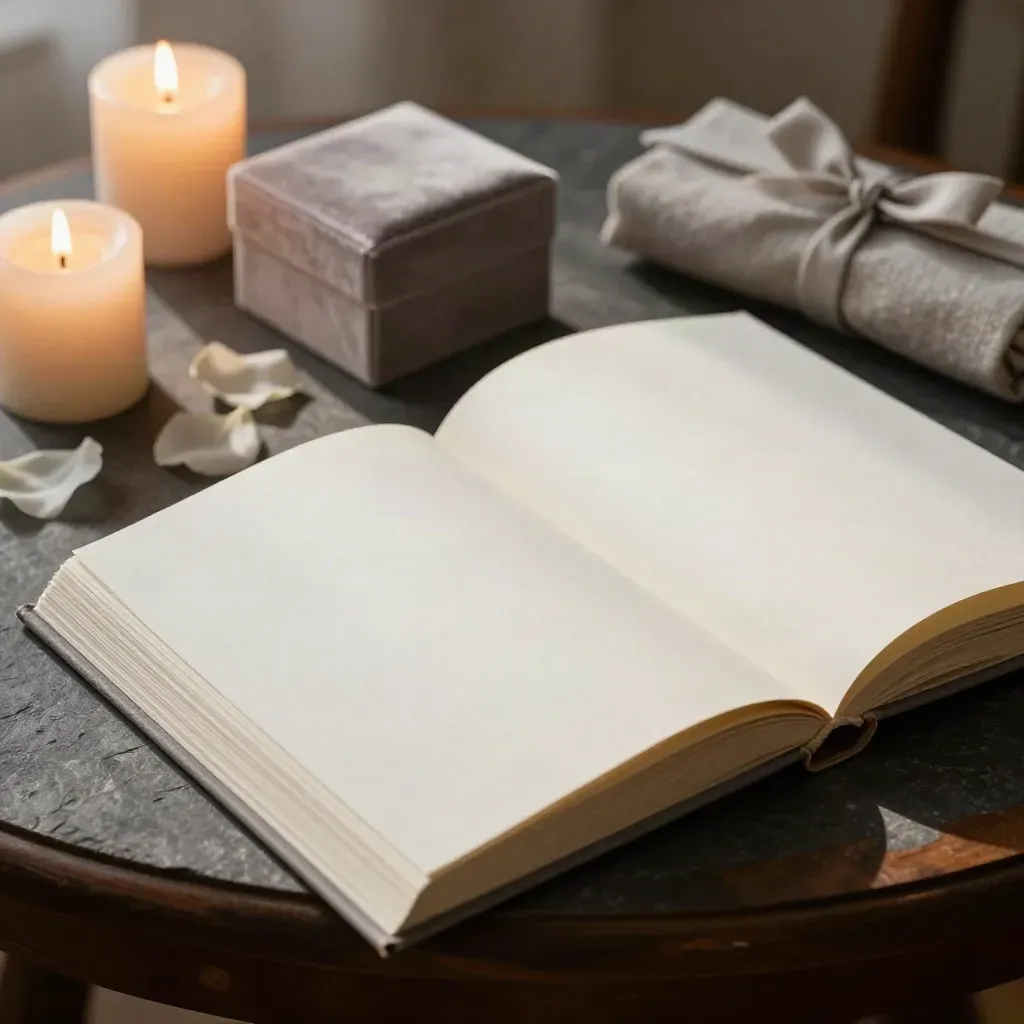 Open wedding album, velvet keepsake box, candles, petals and print bundle on a dark stone surface.