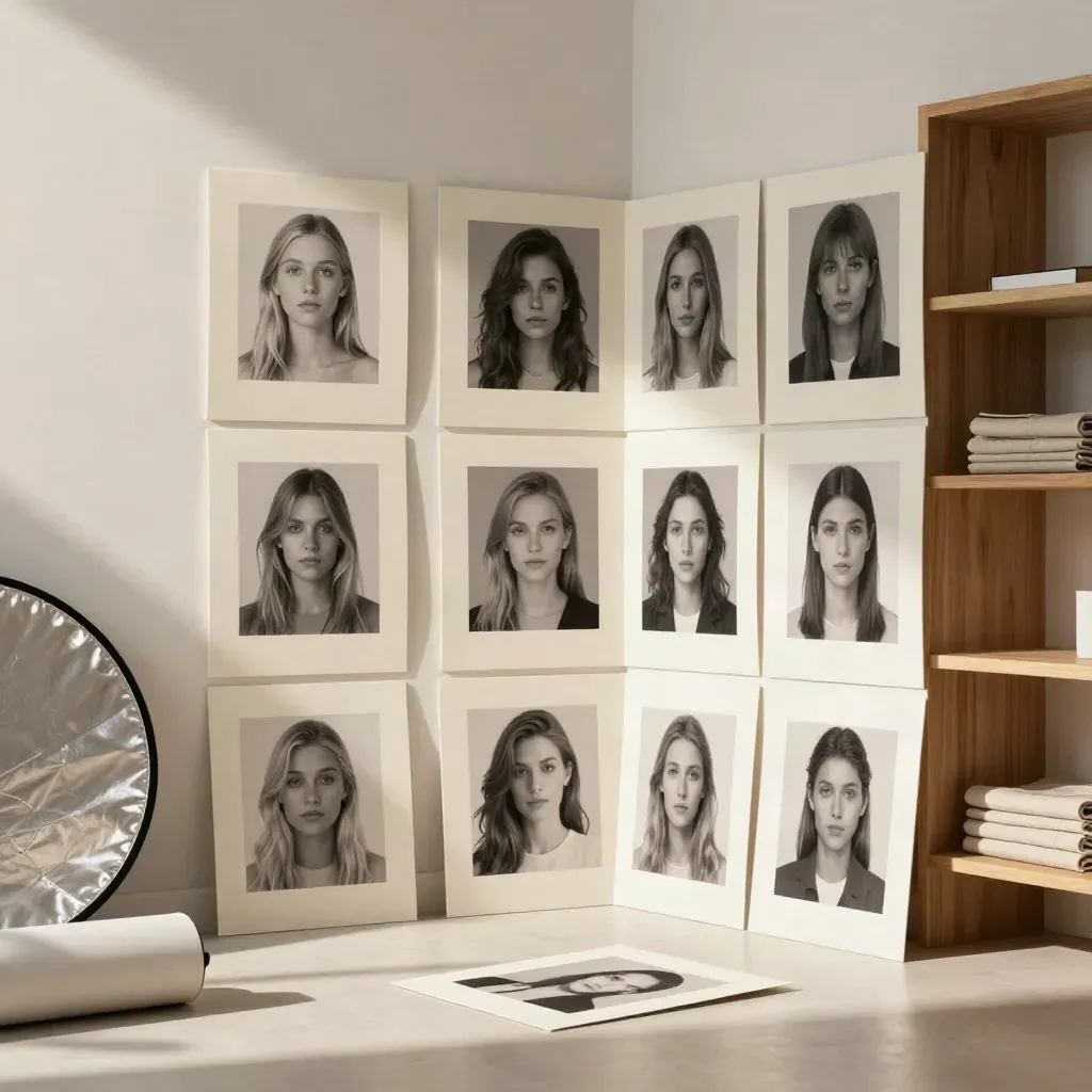 Grid of twelve print samples beside a rolled backdrop and reflector in a bright office corner.