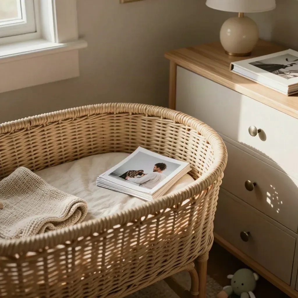 Woven bassinet, knit wrap, keepsake prints and album in a softly lit nursery corner.
