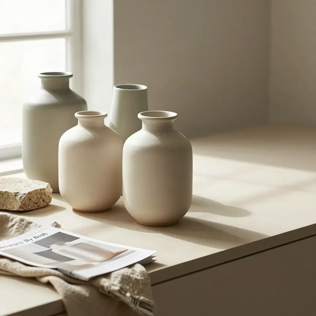 Styled product vessels, linen, stone block, and print sample on a neutral counter.
