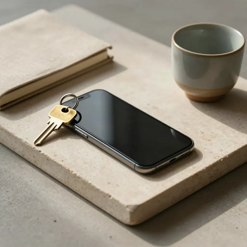 Overhead flatlay of phone, brass ring, linen notebook and cup on a stone tray.