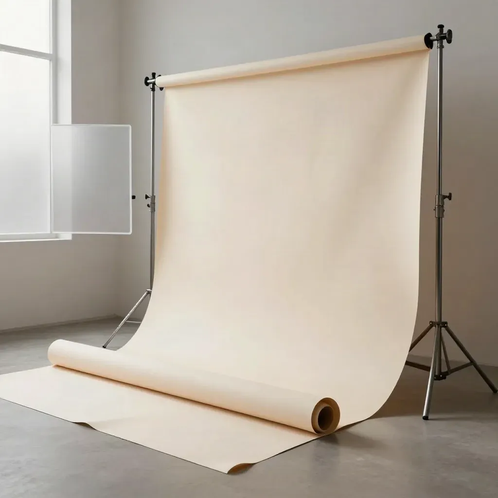 Floor-level studio vignette with backdrop roll, light stands, diffuser panel, and clamps in soft haze.
