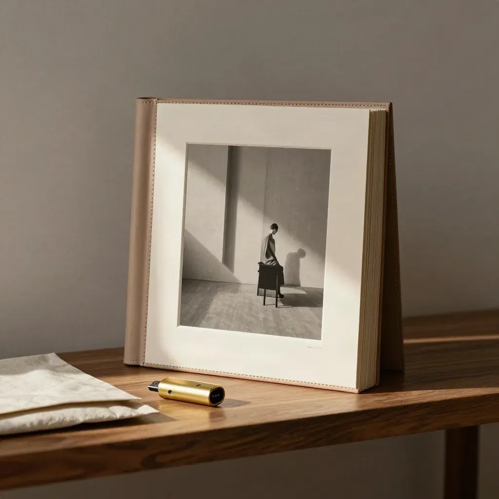 Closed gallery folio with prints, linen mailer and brass USB on a walnut shelf