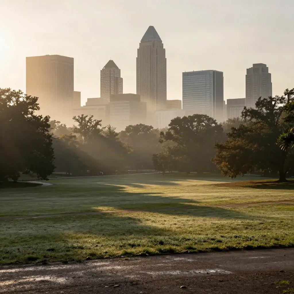 Raleigh skyline above misty Dix Park at sunrise, with open dewy field for copy.