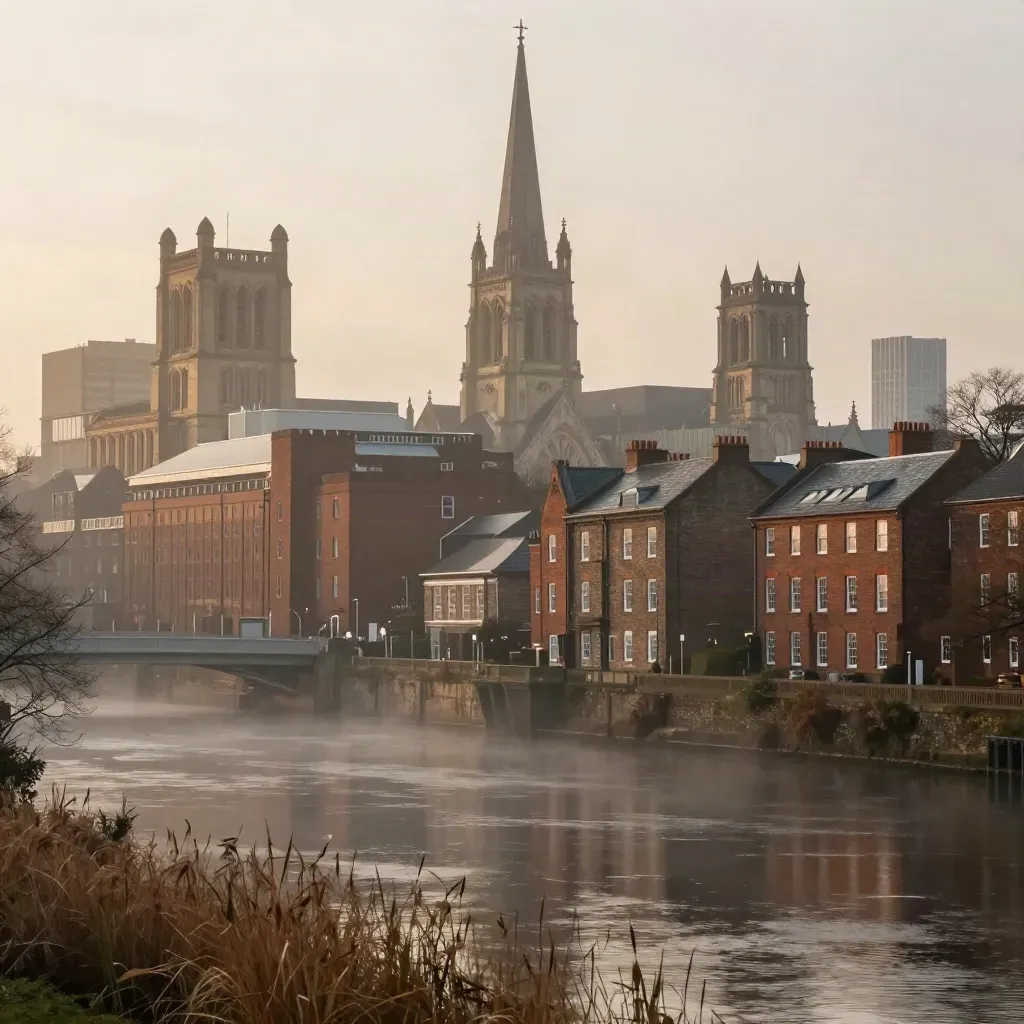 Humid Durham skyline with Duke Chapel spire and brick towers above a misty riverfront.