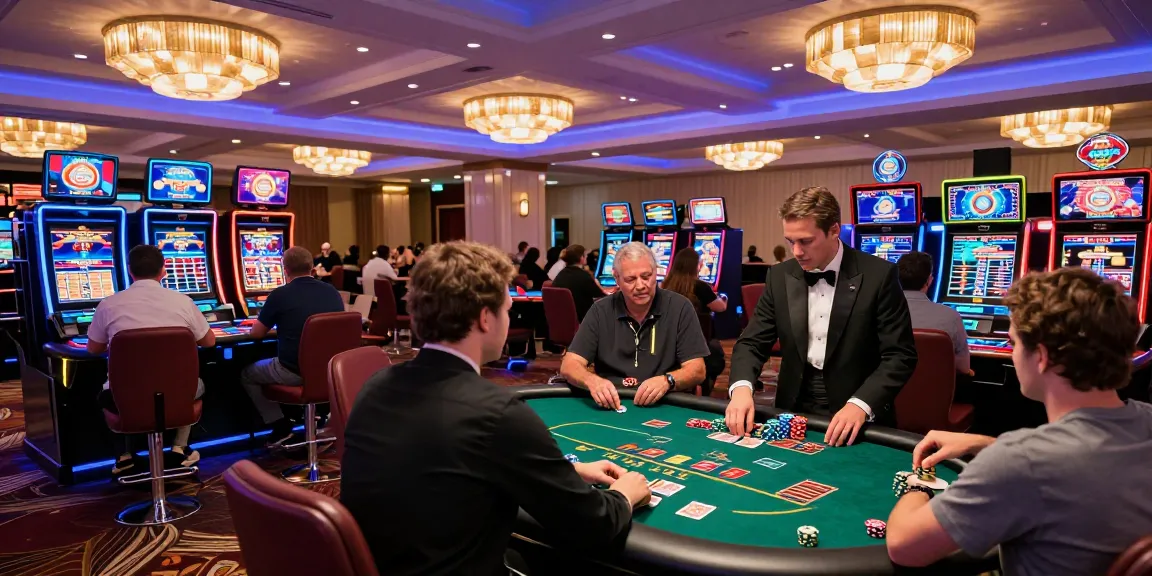 Exciting casino scene with players at rokok88 gaming tables showcasing vibrant lights and energetic atmosphere.