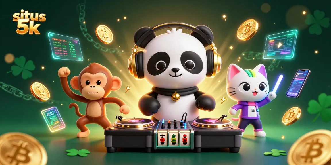 Engage with situs 5k in a vibrant 3D casino scene featuring a DJ panda and dancing characters.
